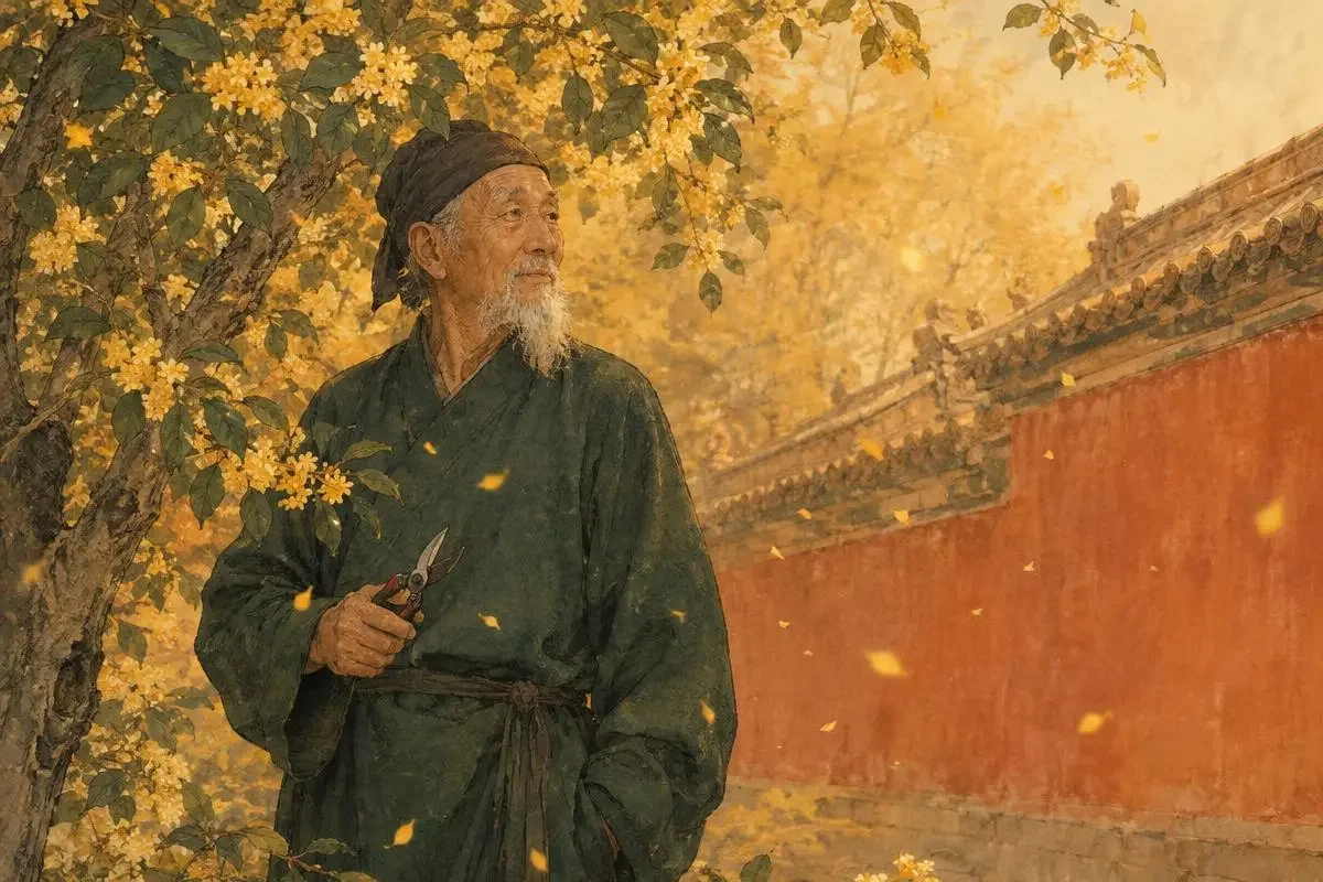 沈九:四十年守着一座园子的人 · 农民影视 《沈九:四十年守着一座园子的人》配图:深绿布衣的老园丁执剪立于宫墙旁